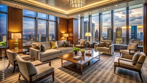 Luxurious modern hotel executive lounge with comfortable seating, large windows, and a stunning cityscape view, conveying sophistication and elegance.