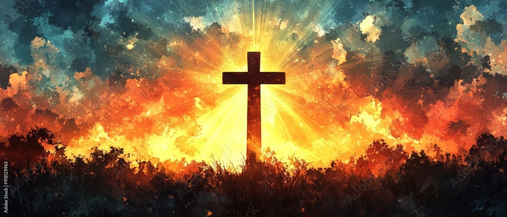 Cross Sunset Serenity Christianity Religion Spiritual Symbol - Generative AI