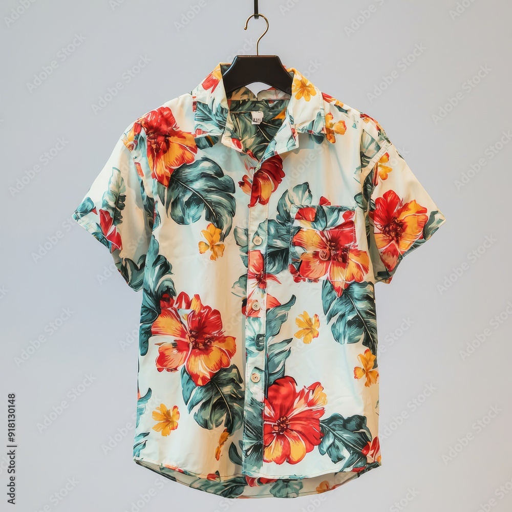 Colorful Hawaiian Shirt on a Hanger, Isolated on White Background Generative AI Colorful Hawaiian Shirt on a Hanger, Isolated on White Background Generative AI