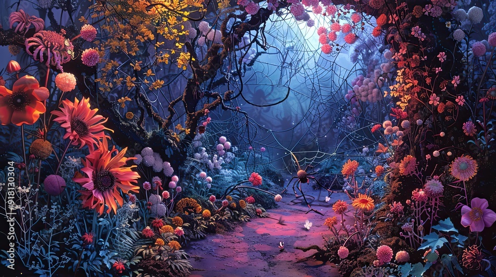 A whimsical and colorful depiction of spiders creating a tapestry of silk across a whimsical garden filled with oversized flowers and playful creatures. A whimsical and colorful depiction of spiders creating a tapestry of silk across a whimsical garden filled with oversized flowers and playful creatures.