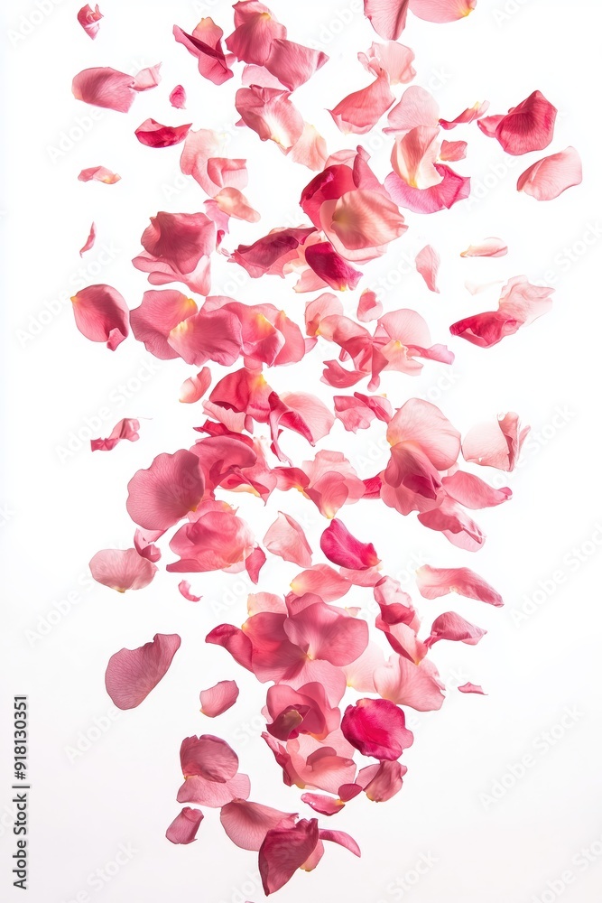 Rose petals flying in the air on a white background, in a pink color, in a studio shot Rose petals flying in the air on a white background, in a pink color, in a studio shot