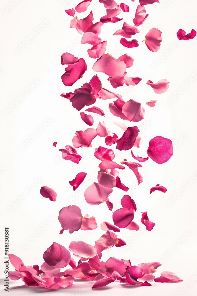 Rose petals flying in the air on a white background, in a pink color, in a studio shot Rose petals flying in the air on a white background, in a pink color, in a studio shot