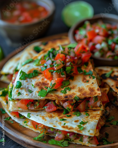 Wallpaper Mural stacked tex-mex quesadilla slices filled with cheese and vegetables, topped with fresh tomato salsa and cilantro, served on a wooden platter Torontodigital.ca