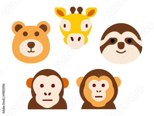 Cute cartoon giraffe, bear, monkey and sloth. Vector illustration of wild animal icon set. flat style design