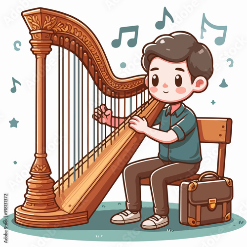 A man is playing a harp in a cartoon style drawing. The harp is the main focus of the image, and the man is sitting on a chair while playing it. The background features musical notes