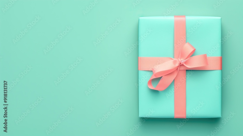 Turquoise gift box with pink ribbon on turquoise background copy space Turquoise gift box with pink ribbon on turquoise background copy space