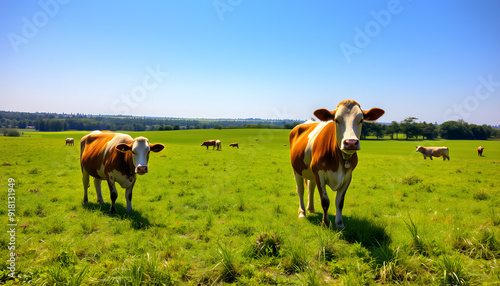 Cows grazing in a lush green field on a sunny day, with a backdrop of trees and distant farmlands, highlighting pastoral tranquility and rural life isolated with white highlights, png photo