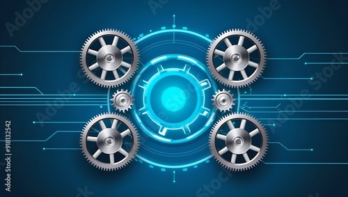 Abstract blue technological background with cogwheels and plexus effect.