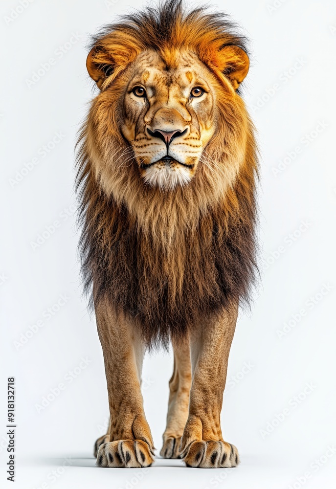 Realistic lion standing on a white background, full body, with detailed fur and eyes Realistic lion standing on a white background, full body, with detailed fur and eyes