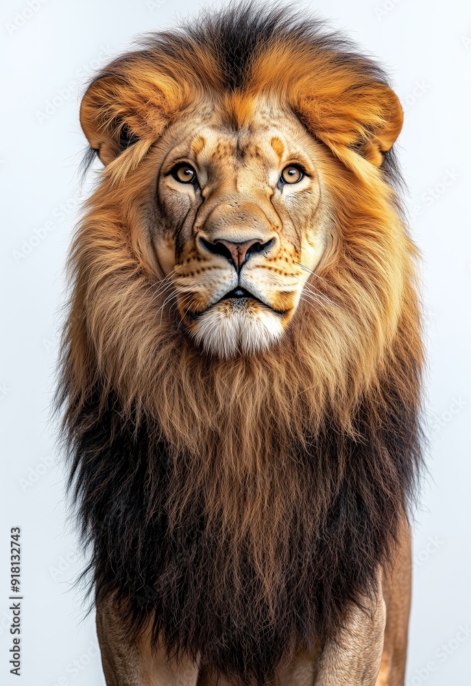 A majestic lion standing tall against a white background A majestic lion standing tall against a white background