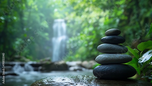 Stone pyramid near a tropical waterfall. The concept of harmony and balance.