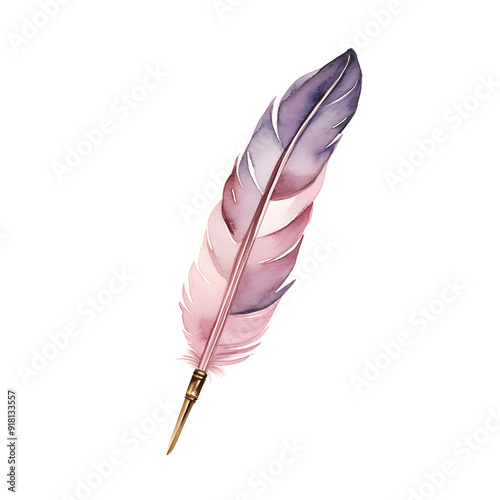 Vibrant Watercolor Feather Pen on Elegant White Background photo