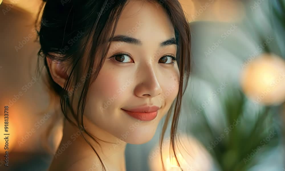 Smiling Woman Portrait: A close-up portrait of a young woman with long black hair, a radiant smile, and sparkling eyes. The soft lighting and warm tones create a sense of warmth and intimacy Smiling Woman Portrait: A close-up portrait of a young woman with long black hair, a radiant smile, and sparkling eyes. The soft lighting and warm tones create a sense of warmth and intimacy