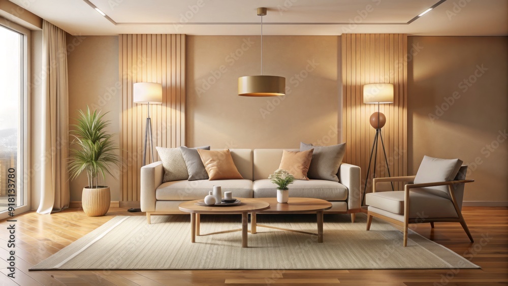 Fototapeta premium Modern minimalist living room with sleek 3D visuals, featuring a couch, coffee table, and floor lamp, set against a warm beige and cream color palette.