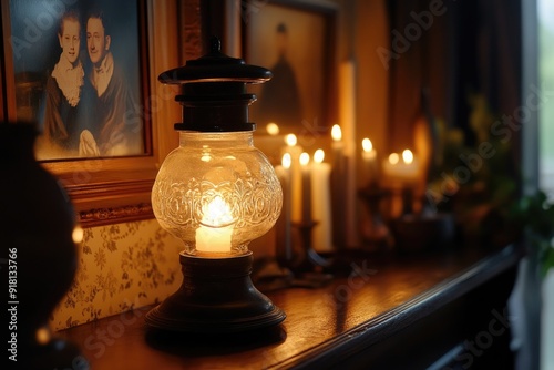 A Glass Candle Lantern with Carved Design on a Wooden Tabletop