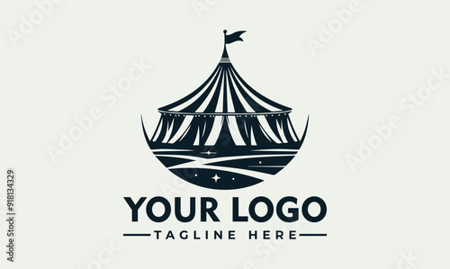 circus tent vector logo, flag, stars, grass circus tent sketch with flags, stars, and grass, ideal for event invitations and circusthemed designs.
