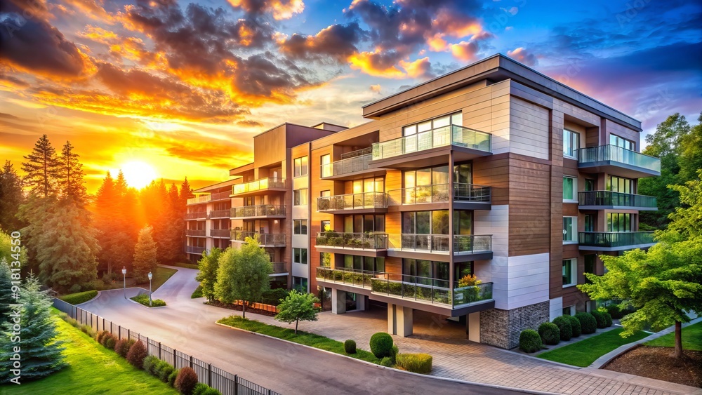 Modern suburban residential apartments with balconies and parking garage, surrounded by lush green trees and a picturesque sunset in the background atmosphere. Modern suburban residential apartments with balconies and parking garage, surrounded by lush green trees and a picturesque sunset in the background atmosphere.