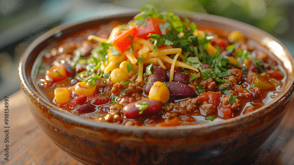 gourmet chili con carne featuring a blend of spices, beans, and vegetables, served with a dollop of sour cream and cilantro gourmet chili con carne featuring a blend of spices, beans, and vegetables, served with a dollop of sour cream and cilantro