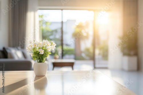 Blur living room at home with morning sunlight at big window for background usage. blur interior background concept. white, britht tone with generative ai