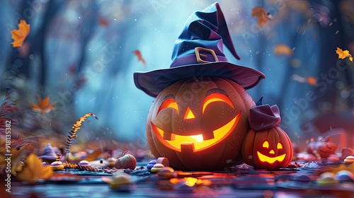 A winking pumpkin emoji wearing a witch hat and holding a candy bag photo