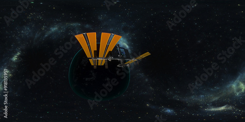 Fototapeta Naklejka Na Ścianę i Meble -  360 degree space background with Planet Earth and International Space Station, ISS, equirectangular projection, environment map. HDRI spherical panorama.