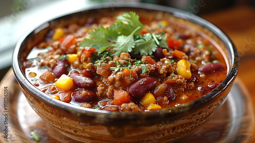 vibrant chili con carne with rich flavors of beans, corn, and vegetables, garnished with a generous portion of sour cream and cheese