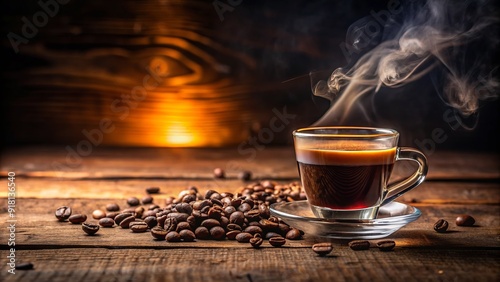 Rich, dark espresso shot in a small cup on a wooden table, surrounded by steam and aromatics, with a subtle gradient and warm lighting.