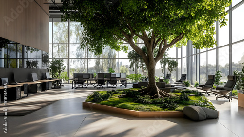 Modern office with large tree and green space.