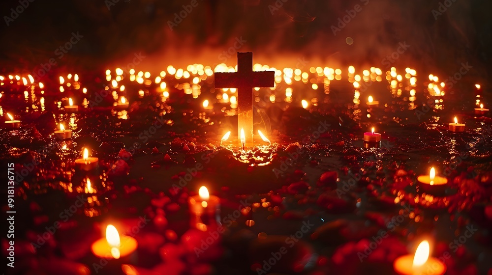 Cross Surrounded by Burning Candles in a Reverent Spiritual Setting Cross Surrounded by Burning Candles in a Reverent Spiritual Setting