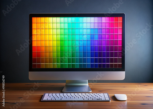 Vibrant color palette display on a computer screen showcasing a wide gamut of bright hues, gradients, and shades, against a dark background for contrast.