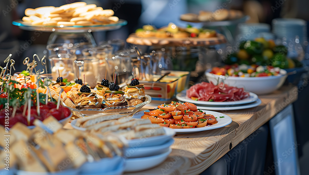 Fototapeta premium Luxury Snack table ready for event. Food and drink catering. Festively decorated beautiful big table full of food ready for guests.Horizontal color photography.