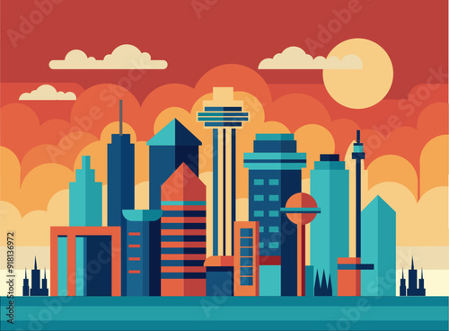 Abstract modern Geometrical shapes illustration city scape skyline drawing background vector story page summer backdrop design