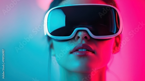 A participant engaged in a virtual reality experience. Neon lights glow in the background, creating a vibrant and futuristic atmosphere that emphasizes digital innovation.