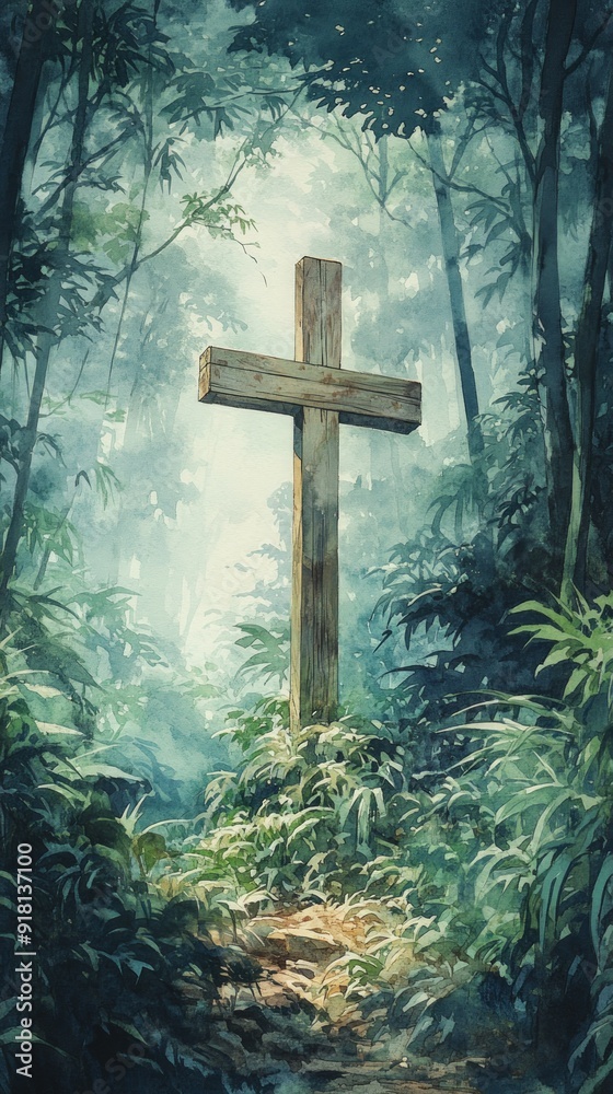 Cross Forest Chapel Christianity Religion Spiritual Symbol - Generative AI Cross Forest Chapel Christianity Religion Spiritual Symbol - Generative AI