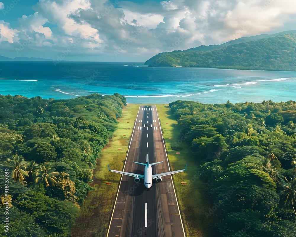 Obraz premium Airplane landing on a lush tropical island runway with scenic landscape