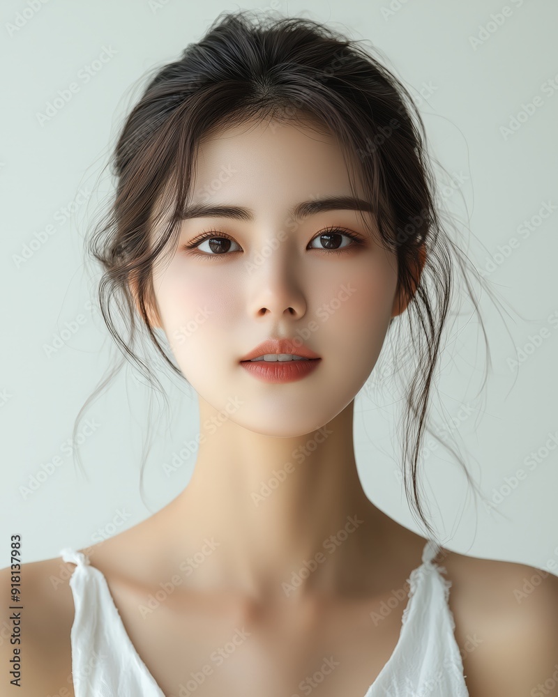 A beautiful Korean woman with clean, clear skin on a white background A beautiful Korean woman with clean, clear skin on a white background