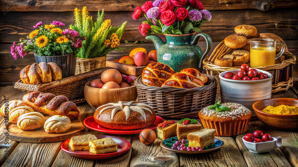 Fototapeta premium Vibrant colorful artisanal crafts, decorated baked goods, and handmade items arranged on a rustic wooden table, exuding warmth and care in every meticulous detail.