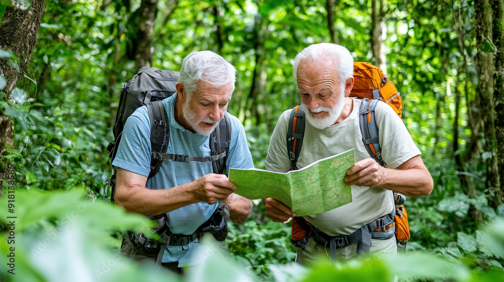 Two Senior Men Hiking In Forest, Studying A Map Backpacks, Focused Yet Happy, Surrounded By Greenery.
Two Senior Men Hiking In Forest, Studying A Map Backpacks, Focused Yet Happy, Surrounded By Greenery.