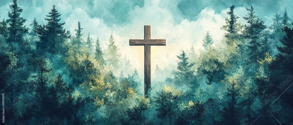 Cross Forest Chapel Christianity Religion Spiritual Symbol - Generative AI