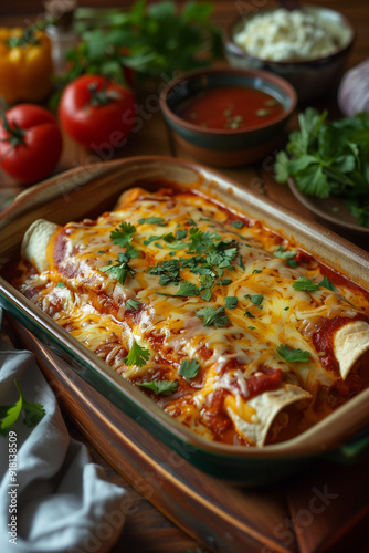 savory enchiladas coated in spicy red sauce and melted cheese, garnished with fresh tomatoes and herbs