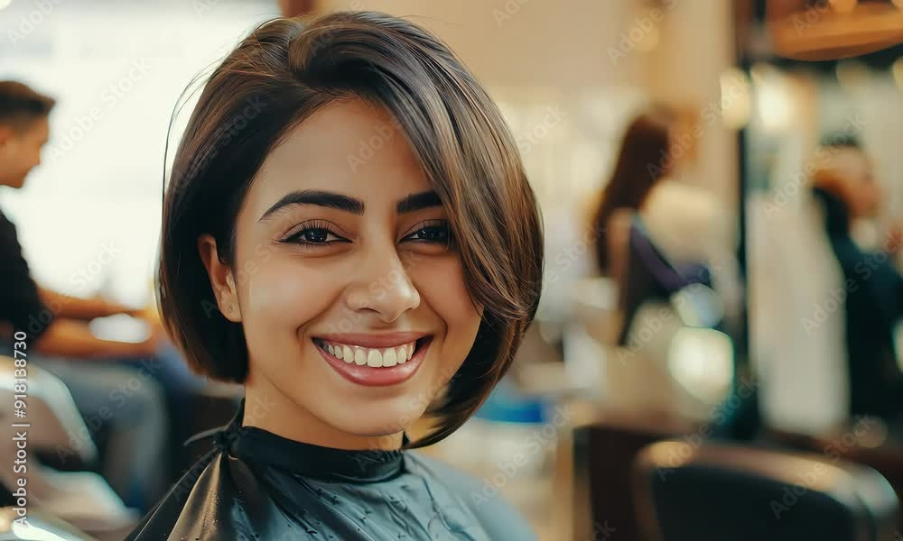 Transformation: A young woman beams with confidence after a fresh haircut at the salon, embracing her new look. 