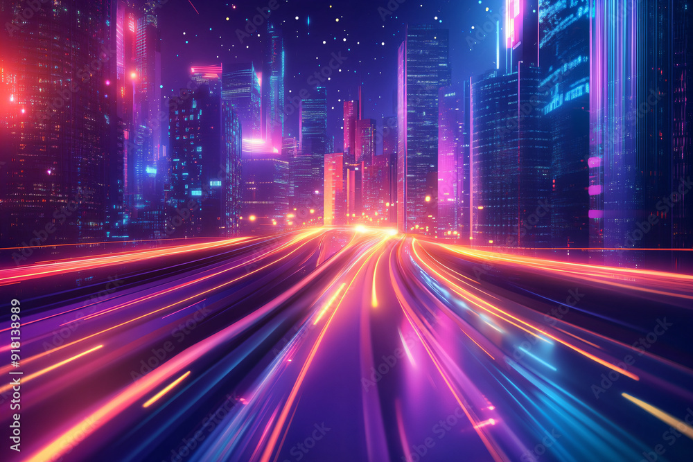 Neon Cityscape with Fast Moving Traffic. Neon Cityscape with Fast Moving Traffic.