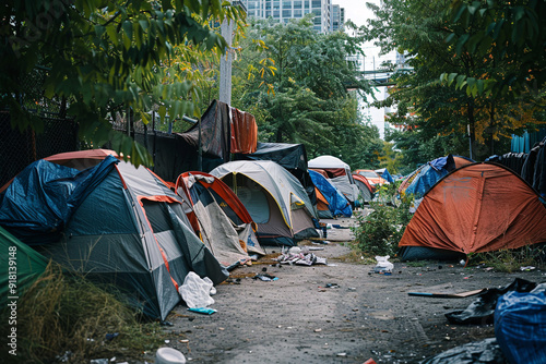 Homeless. Tent city on the streets of city. Housing for refugees and homeless photo