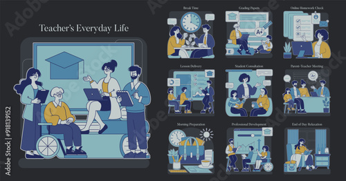 Teachers Everyday Life. Flat Vector Illustration