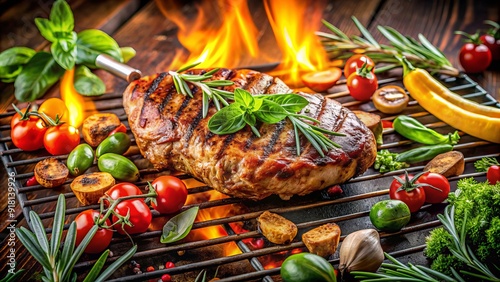 Savory flame-grilled steak, chicken, and vegetables sizzle on a metal grate, surrounded by fresh herbs and a hint of summertime sunshine and lush greenery. photo