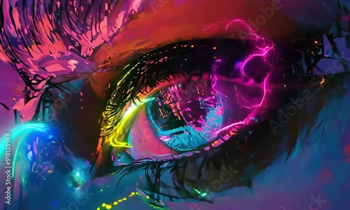 Neon Eye: A mesmerizing abstract portrait of an eye rendered in vibrant neon colors.  The intricate details and bold strokes create a captivating visual that evokes a sense of wonder and mystery. 