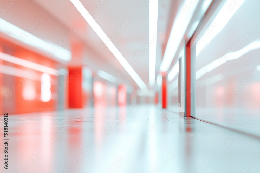 Blurred abstract background, bright room with white light effect and red objects, shopping center corridor with generative ai Blurred abstract background, bright room with white light effect and red objects, shopping center corridor with generative ai