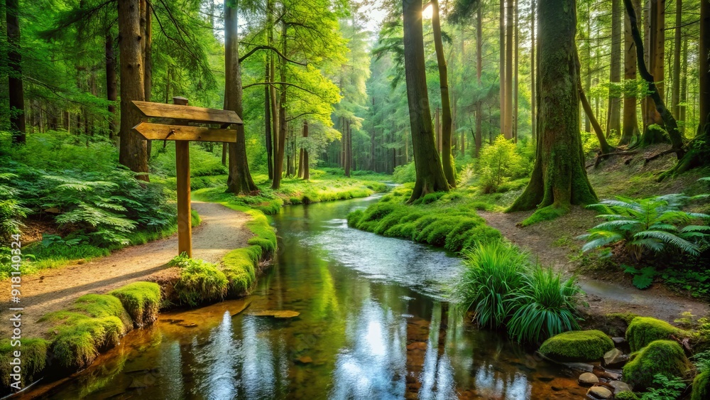 Serene forest landscape with a wooden informational sign and a meandering stream, surrounded by lush greenery and tall trees, inviting exploration and discovery. Serene forest landscape with a wooden informational sign and a meandering stream, surrounded by lush greenery and tall trees, inviting exploration and discovery.