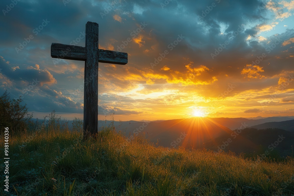 silhouette of a weathered wooden cross on a grassy hilltop at sunrise with rays of golden light breaking through dramatic storm clouds silhouette of a weathered wooden cross on a grassy hilltop at sunrise with rays of golden light breaking through dramatic storm clouds