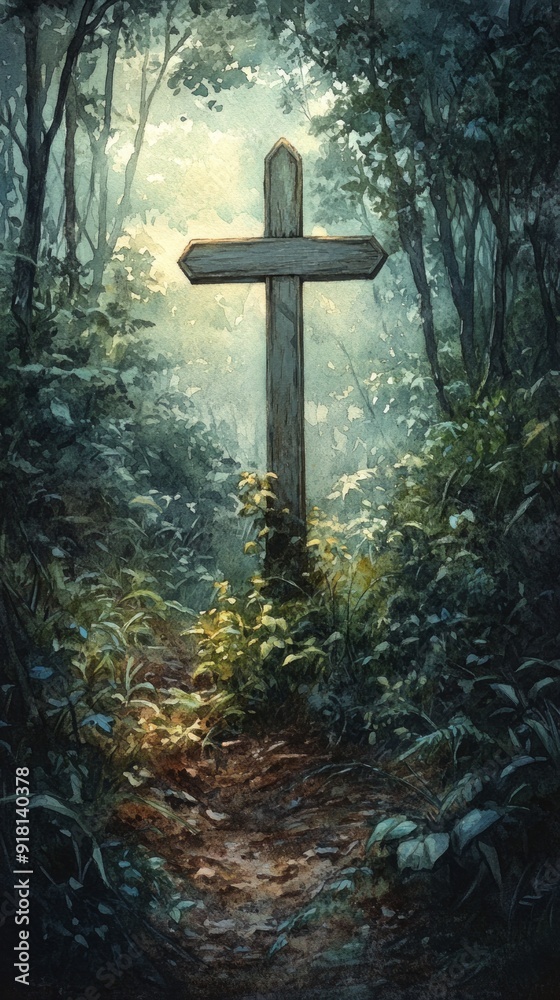 Cross Forest Chapel Christianity Religion Spiritual Symbol - Generative AI